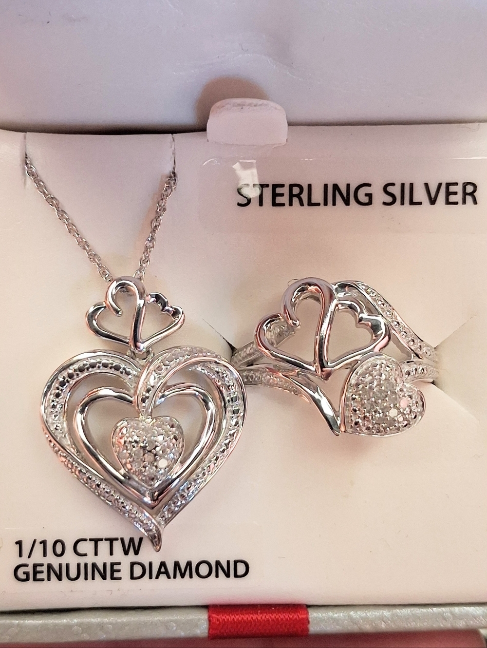 1/10 CTTW Genuine Diamond Sterling Silver Heart Necklace & Ring (8) Set NWT $250